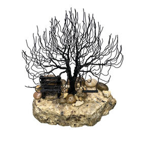 Vtg 60s-70s Wire Brutalist Tree Sculpture w/Bench Swing Stone Mounted Cabincore